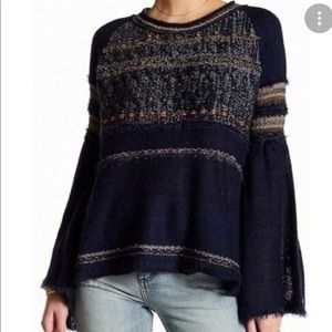 Free People Navy Bell Statement Sleeve Sweater Size Small